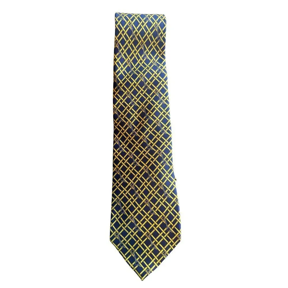 Authentic GUCCI Made In Italy Silk Navy & Yellow Iconic Horsebit Neck Tie